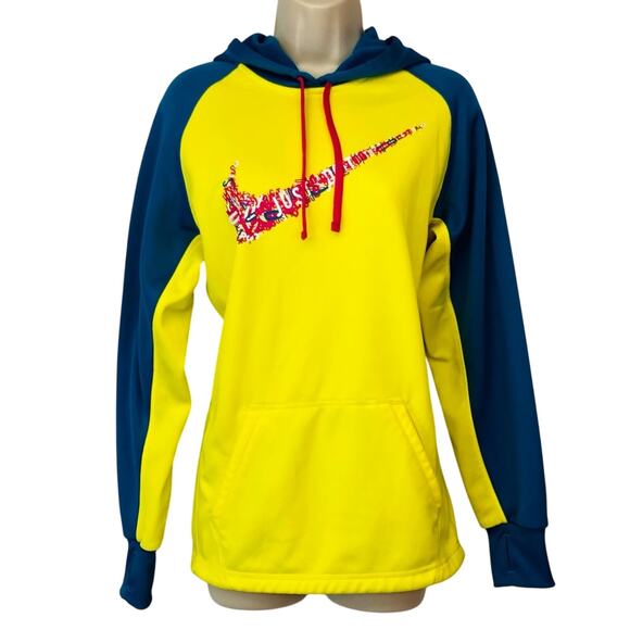 Nike Therma Fit Two Tone Yellow Turquoise Hoodie Pink Swoosh Logo - Picture 13 of 16